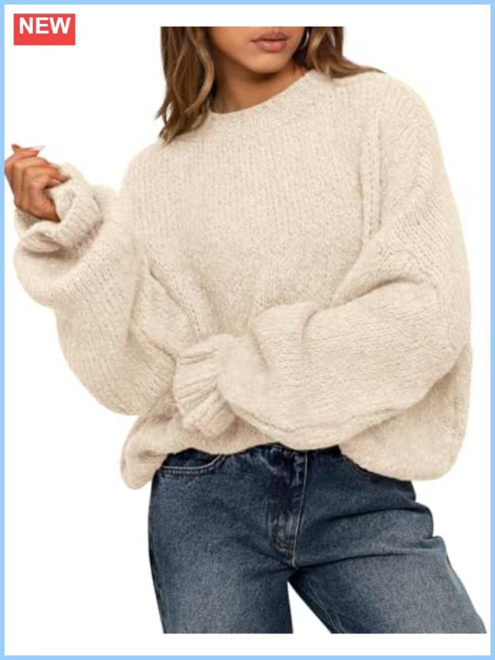 Oversized Chunky Knit Sweater Crew Neck Lantern Long Sleeve Ruffle Cuff Women's